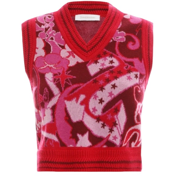 Zimmermann Sweaters - ZIMMERMANN The Concert Jacquard Merino Wool Cashmere V Neck Sweater Vest 0